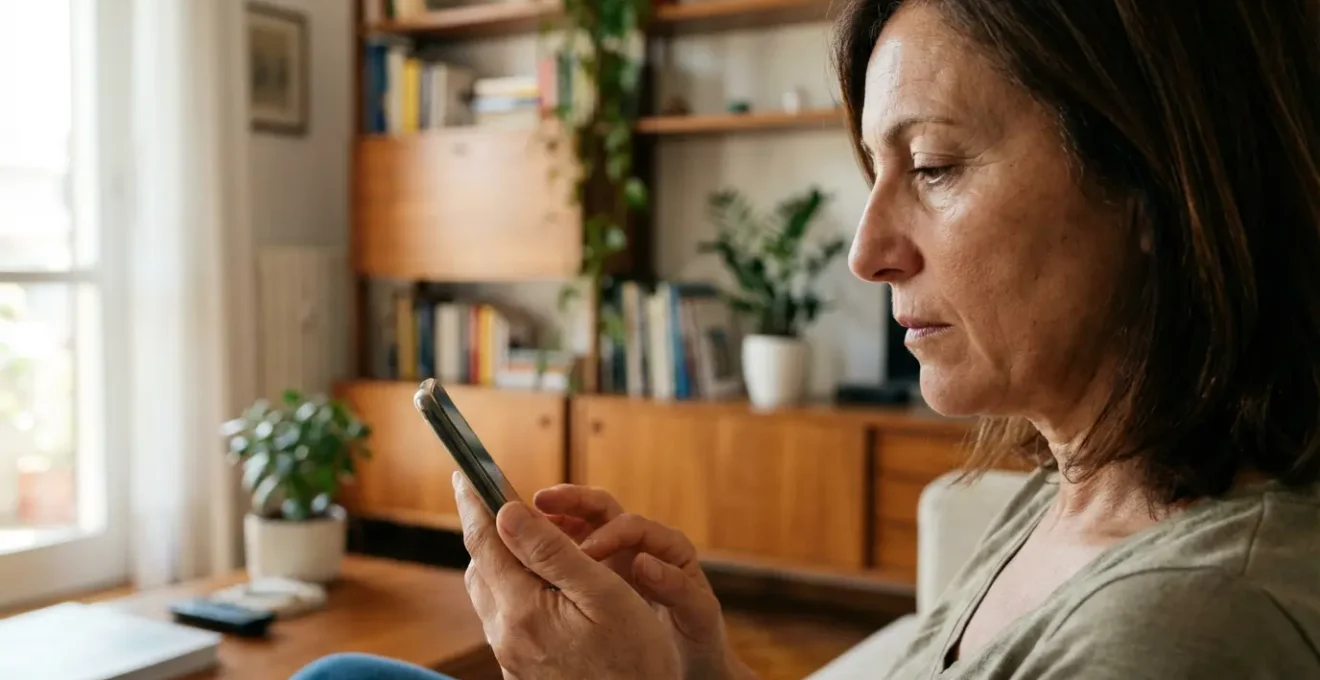 Donna italiana che consulta valutazione immobiliare su smartphone in salotto