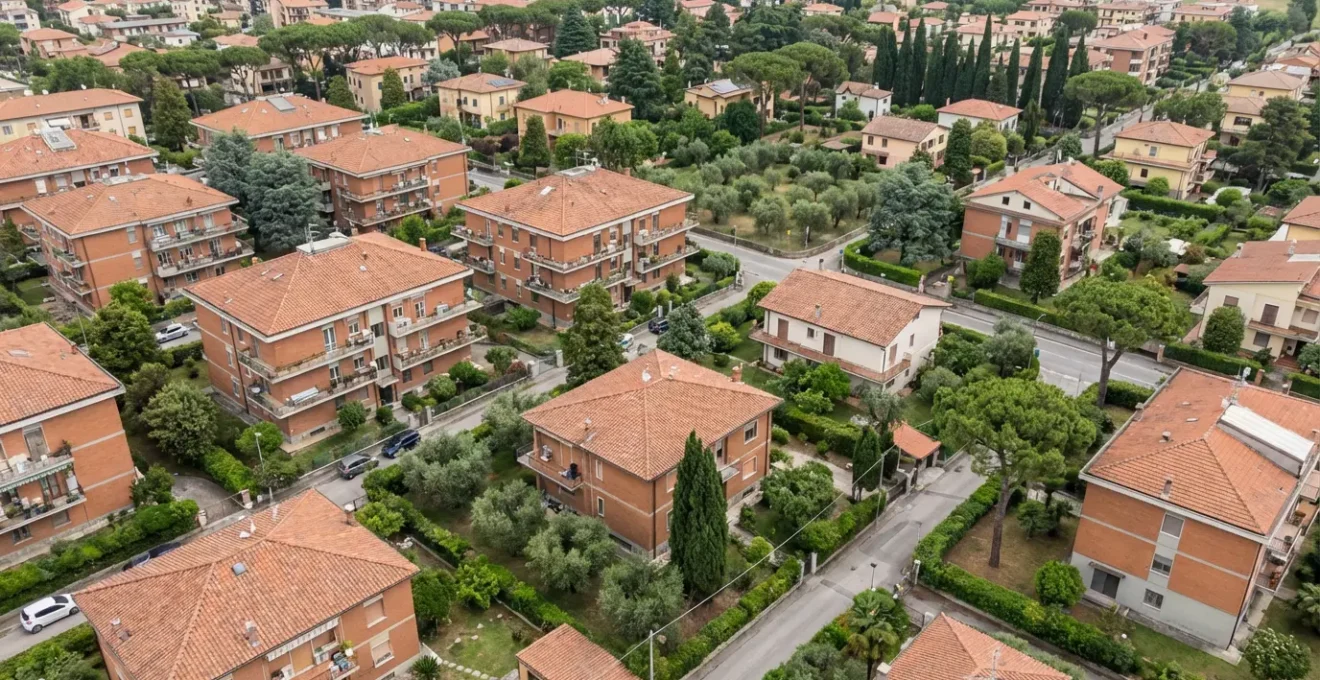 Vista aerea quartiere residenziale italiano con case e palazzi (andamento prezzi immobili)