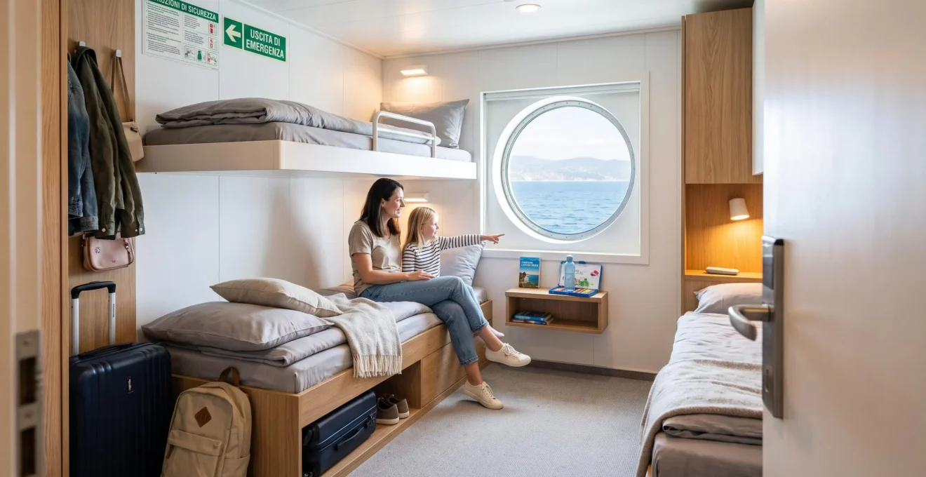 Cabina famiglia moderna con couchettes e oblò vista mare su traghetto italiano