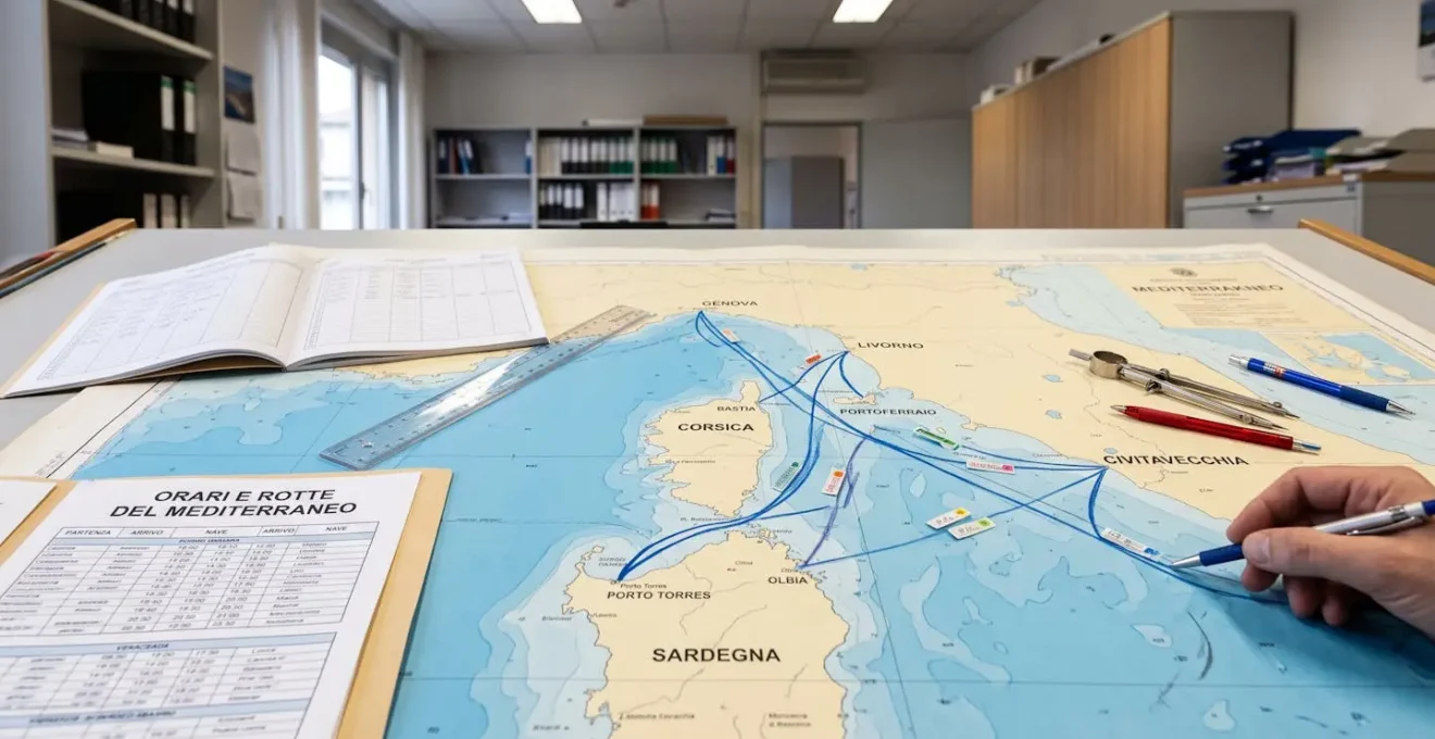 Carta geografica reale che mostra le rotte dei traghetti dall'Italia verso Sardegna e Corsica su scrivania agenzia marittima